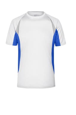 A men's short-sleeved running T-shirt in white with blue and grey accents. It features a logo on the chest.