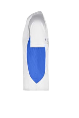 A men's running T-shirt featuring a white body with a blue panel on the side and a logo on it.