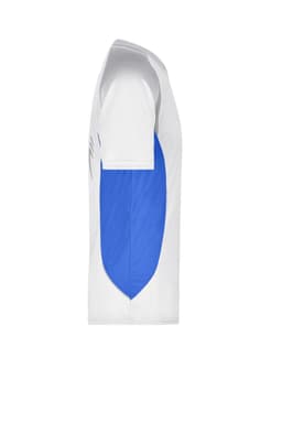 A men's T-shirt featuring a white body with blue side panels and a logo on the front.