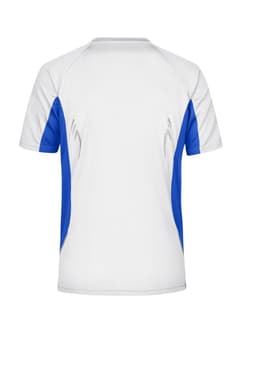 A men's running T-shirt featuring a white body with blue side panels and a logo on the back.
