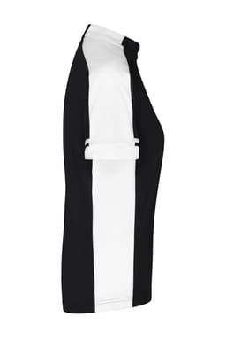 A black and white ladies' bike-t shirt featuring a full zip and a rolled sleeve design, with a logo present.