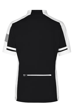 A black and white full zip shirt designed for ladies, featuring short sleeves and a back zip pocket.