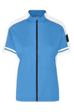 A ladies' full zip T-shirt in blue and white with a black branding detail.