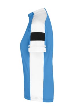 A ladies' bike T-shirt in blue, white, and black, featuring a full zip and rolled sleeves, with a logo present.