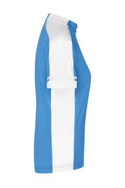 A blue and white ladies' full zip T-shirt featuring a sporty design and a logo on the front.