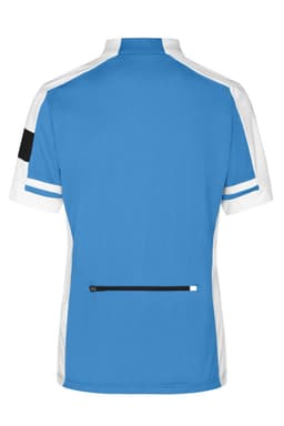 A blue full-zip cycling shirt with white accents and a back pocket, featuring a logo.