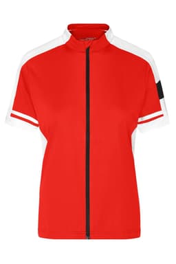 A vibrant red full zip shirt with white shoulder panels and contrast detailing. Features a zippered front and a brand logo.