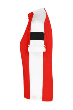 A red and white full zip t-shirt with black detailing on the sleeve, featuring a logo.
