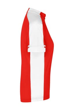 A short-sleeved women's cycling jersey in red and white, featuring a roll-up sleeve design and a logo.