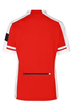 A red and white full zip cycling shirt with a back pocket and a logo.