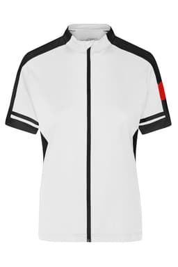A white and black short-sleeve zip-up shirt with a red accent and logo.