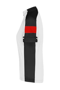 A side view of a ladies’ bike T-shirt featuring black, white, and red colours, with a branding logo.