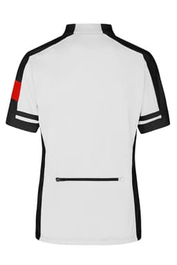 A white full zip shirt with black accents and a red sleeve detail, featuring a rear zip pocket and a logo.