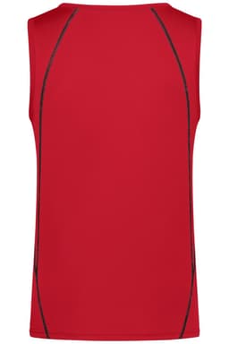 A red men's sports tank top with black stitching along the seams and a simple branded logo.