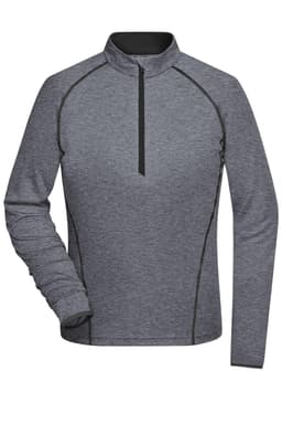 A grey women's sports shirt featuring a quarter zip and contrast stitching. Includes a logo on the garment.