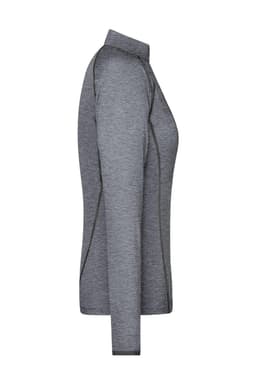 A grey long-sleeve ladies sports shirt with a fitted design, featuring a collar and seams. It has a logo on the side.