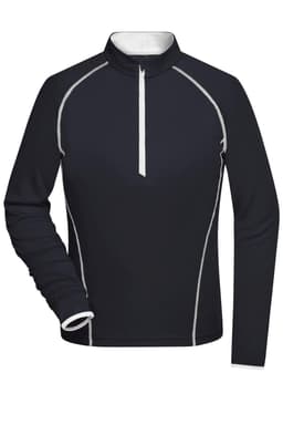 A black ladies sports shirt with a zip collar, featuring white piping along the seams and a fitted style.