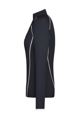 A ladies' long-sleeve sports shirt in navy blue with white piping details, featuring a collar and a fitted design.