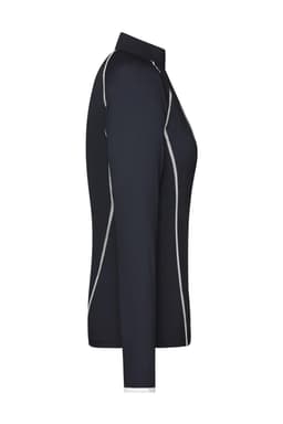 A navy long-sleeve sports shirt for ladies, featuring white trim and a logo. Suitable for active wear.