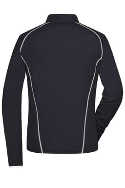 A black ladies' sports shirt with grey detailing, featuring a collar and long sleeves, with a logo present.