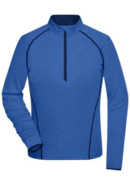 A blue long-sleeve sports shirt with a quarter zip and contrasting stitching, featuring a logo on it.