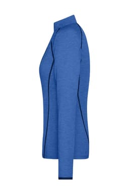 A side view of a blue ladies sports shirt with long sleeves and contrasting seams. It features a collar and a logo.