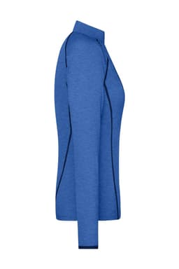 A side view of a ladies' long-sleeve sports shirt in blue with black trim and a logo.