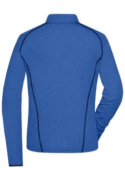 A blue ladies sports shirt with long sleeves, featuring contrasting black piping and a polo collar.