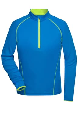 A blue ladies sports shirt with a high collar and yellow accents, featuring a zippered neckline and long sleeves.