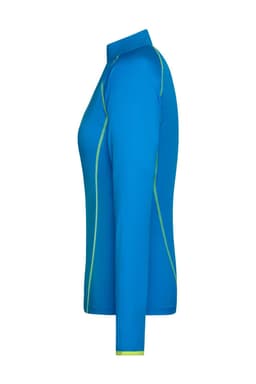 A side view of a ladies' long-sleeve sports shirt in bright blue with contrasting green stitching. It features a logo.