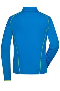 A blue long-sleeved sports shirt featuring green accent stitching and a logo on the back.