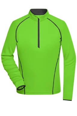 A bright green ladies sports shirt with a quarter zip and contrasting black stitching. Features long sleeves.