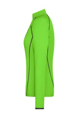 A side view of a ladies sports shirt in bright green with contrasting black trim and a high collar.