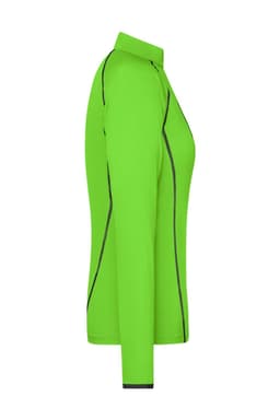 A side view of a ladies' long-sleeve sports shirt in bright green with contrasting stitching and a collar.
