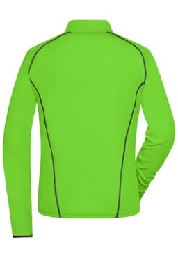 A bright green ladies sports shirt with contrasting stitching, showcasing a back view and a collar.