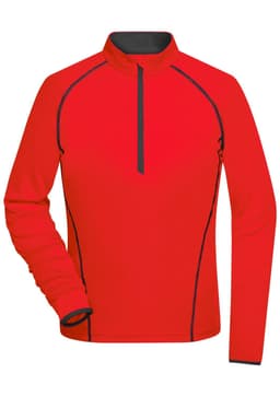 A red long-sleeve sports shirt featuring a zip neck and contrasting black details. It includes a logo.