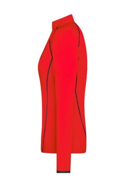 A ladies sports shirt in vibrant red, featuring long sleeves and a fitted design, with contrasting details.