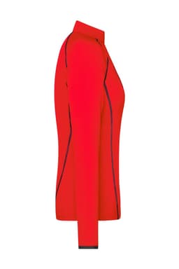 A red long-sleeve sports shirt with a side view, featuring contrasting seam detailing and a collar.