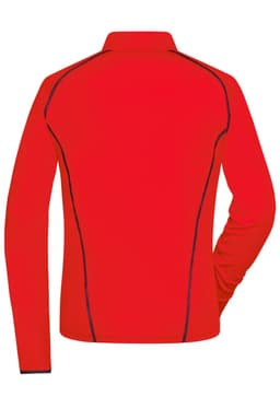 A red ladies sports shirt with long sleeves and contrasting stitching, featuring a back view. It has a simple design and a collar.