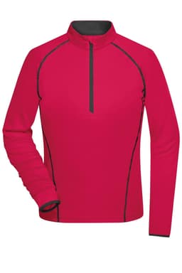 A red ladies sports shirt with a zip collar and contrasting black detailing. Features long sleeves and an athletic fit.