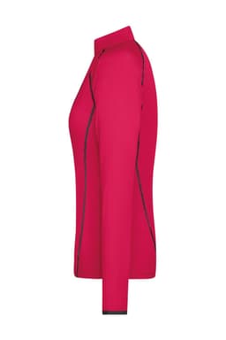 A pink ladies sports shirt with a fitted design and contrasting black stitching, featuring a collar and long sleeves.