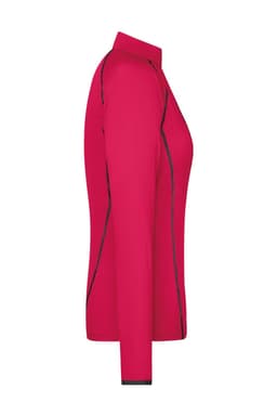 A ladies' long-sleeve sports shirt in vibrant pink with contrast stitching and a collar, featuring a logo.