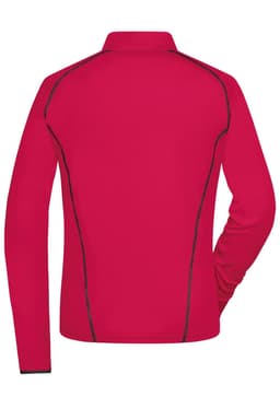 A red women's sports shirt with long sleeves and contrasting seams, featuring a collar and a logo.