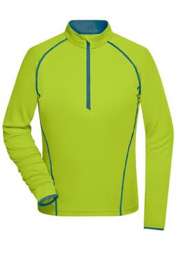 A ladies’ sports shirt in bright lime green with blue trim and a half-zip collar. Features a logo on the front.