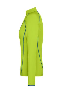 A lime green ladies sports shirt with long sleeves and blue stitching details. Features a collar and has a logo.
