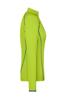 A side view of a ladies' long-sleeve sports shirt in vibrant lime green with blue detailing and a collar.