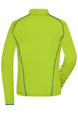 A ladies' sports shirt in bright lime green with blue stitching. Features a collar and long sleeves.