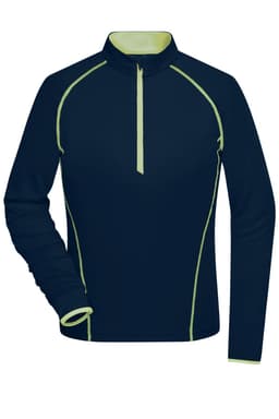 A navy blue ladies sports shirt with a zip collar and lime green accents. It has long sleeves and a fitted design.