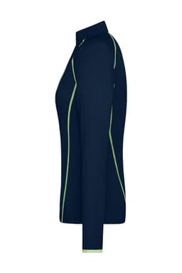 A navy blue ladies sports shirt with green accents, featuring a collar and long sleeves. It has a logo.