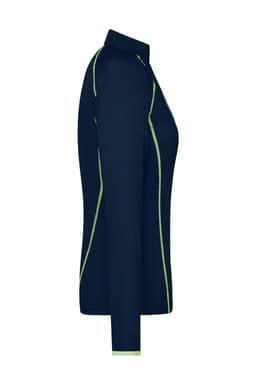 A ladies' long-sleeve sports shirt in navy blue with green accents and a fitted design. Includes a logo.